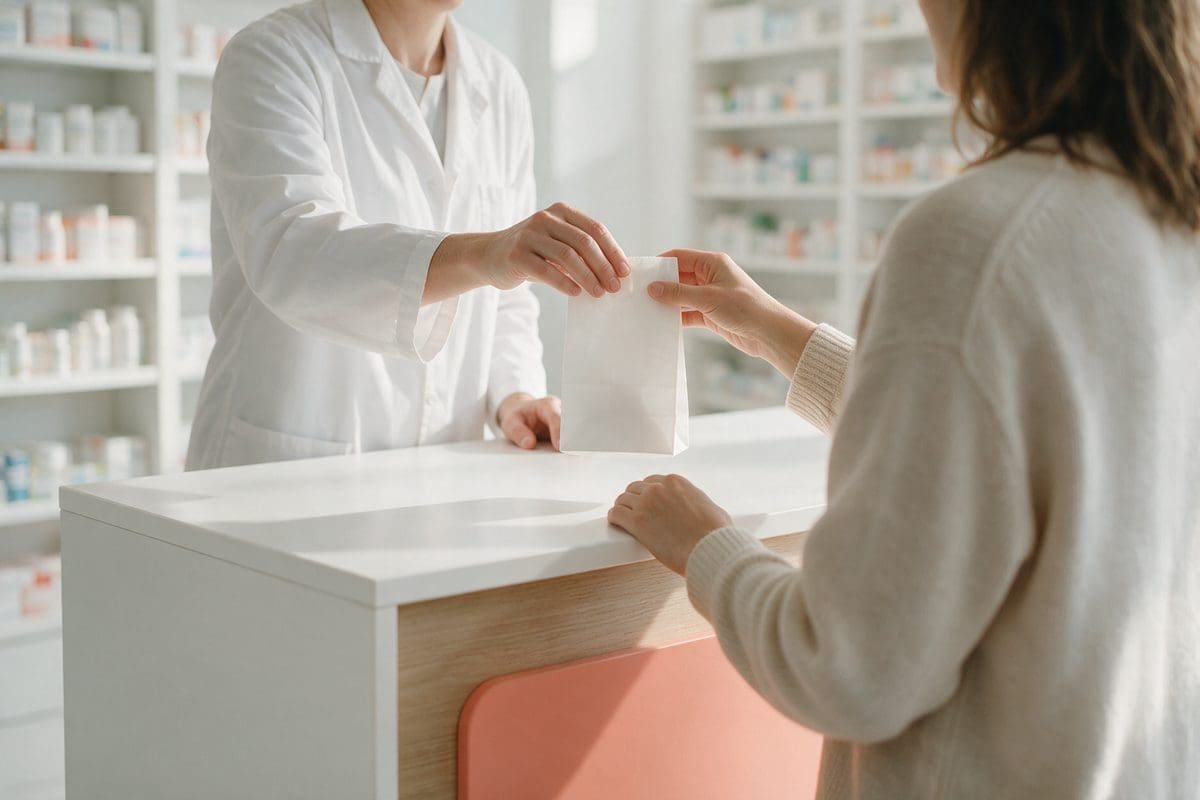 A pharmacist handing a customer a prescription at the pharmacy counter