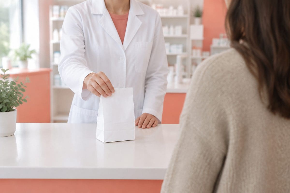 A pharmacist handing over a metronidazole prescription at the counter