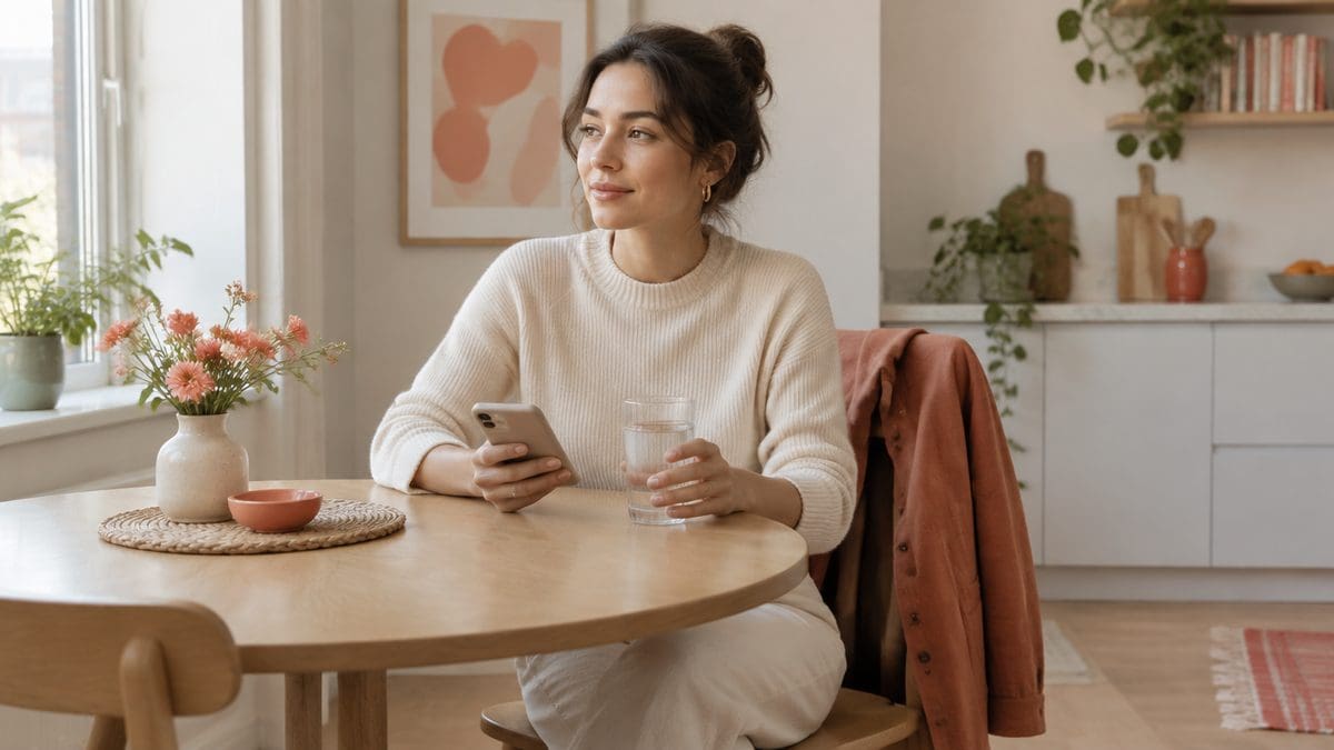 A woman at home deciding between telehealth and urgent care for a UTI