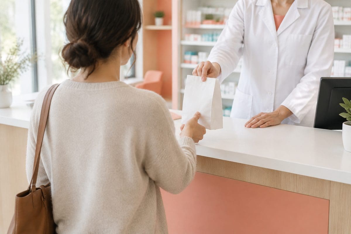 A customer collecting a prescription privately at a pharmacy counter