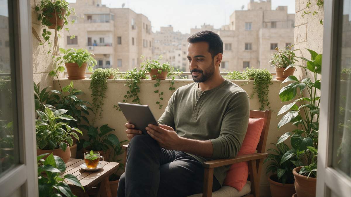A man on his balcony reading about eczema vs psoriasis