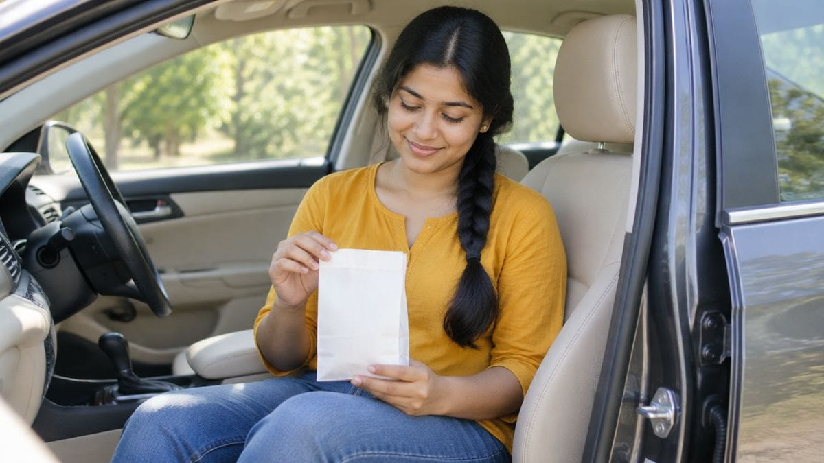 Woman sitting in a parked car holding a pharmacy bag
