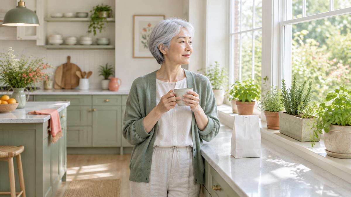 A woman at home after getting a prescription for a cold sore