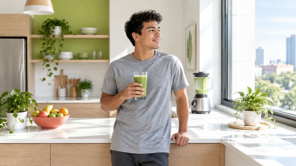 A young man in his kitchen in the morning, learning how long tretinoin takes to work