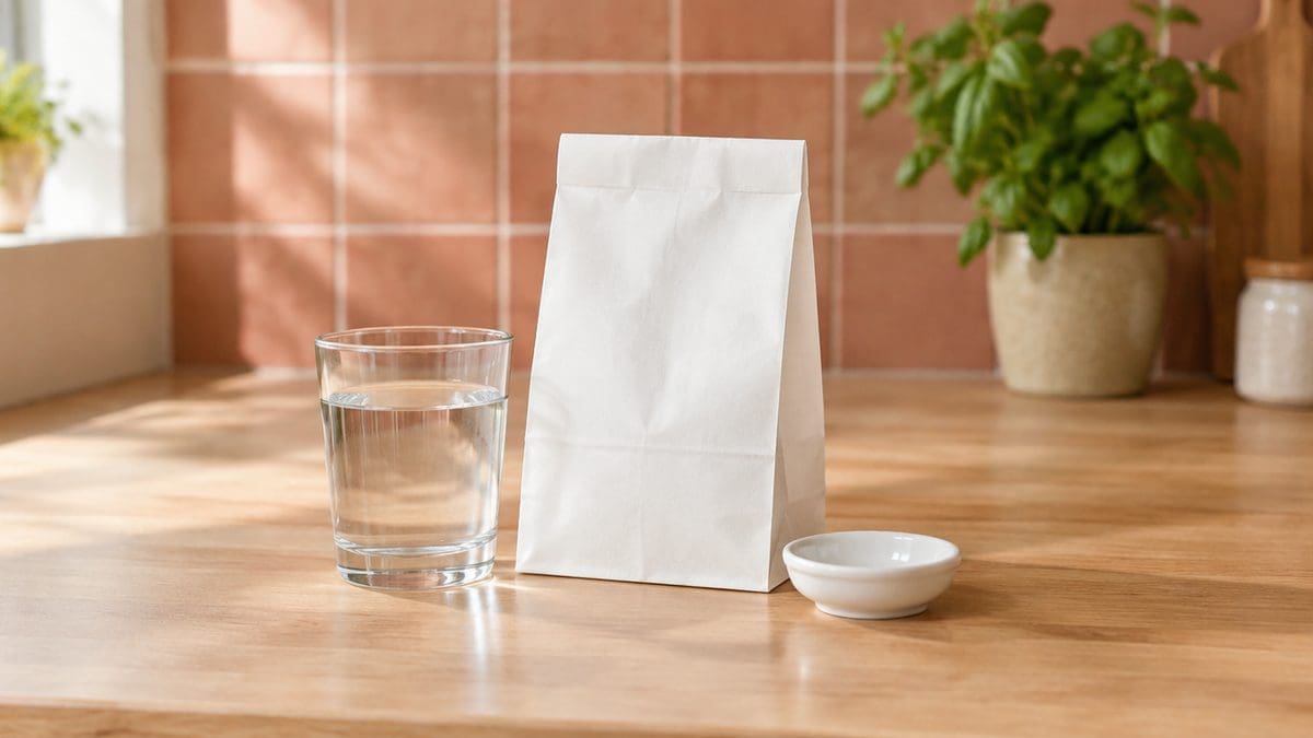 White pharmacy bag and a glass of water on a kitchen counter