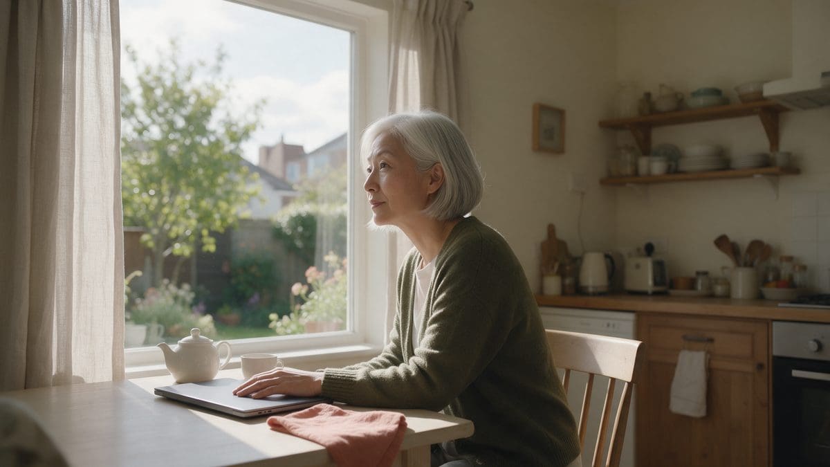 Woman sitting at a kitchen table with a closed laptop, looking out the window